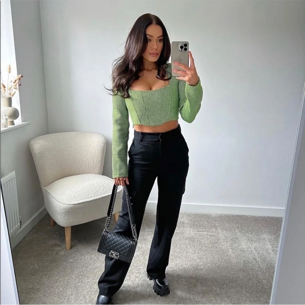 Zara Houndstooth Corset Cropped Top Bloggers Favorite Neon Green Black Small